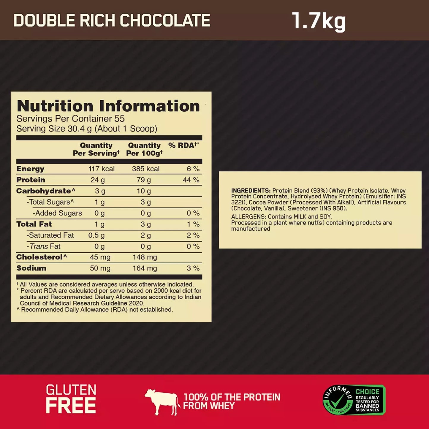 Optimum Nutrition (On) Gold Standard 100% Whey Protein Double Rich Chocolate Flavour 1.7 Kg Powder