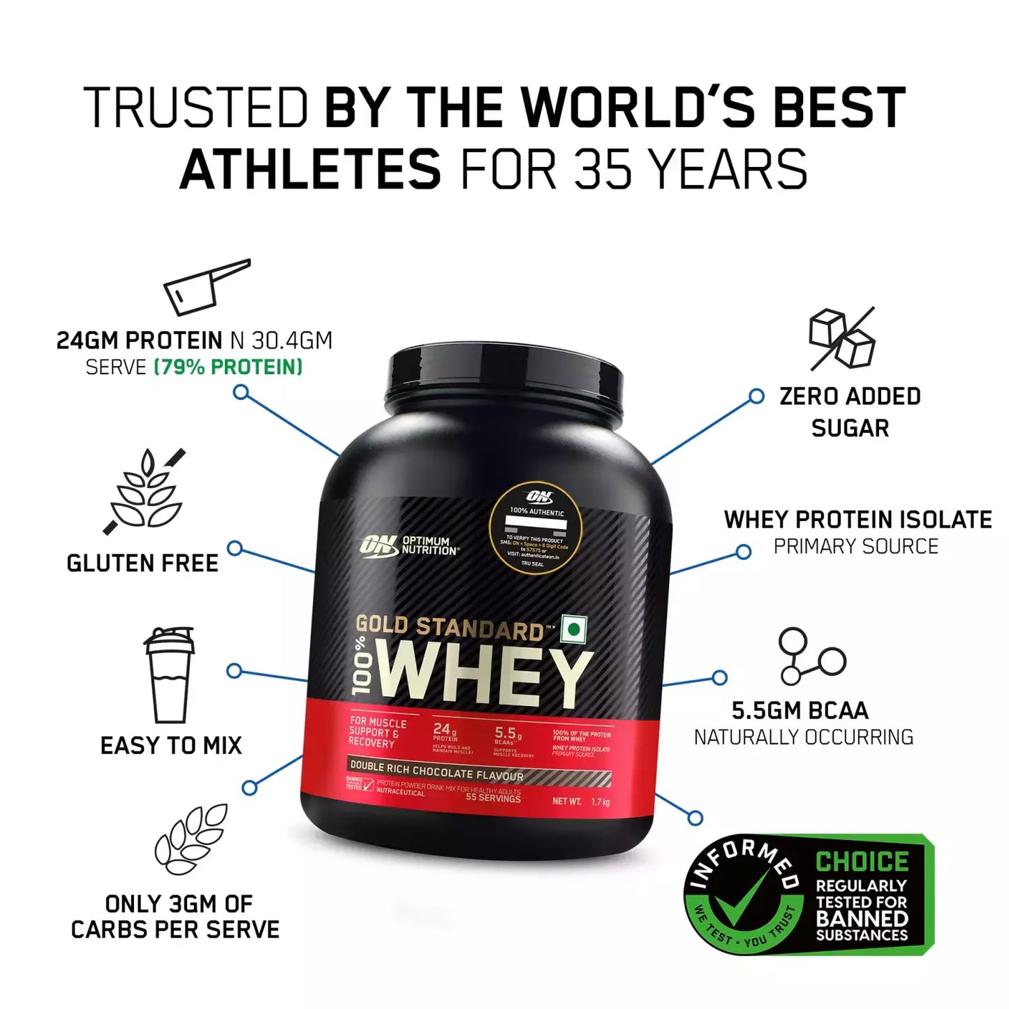 Optimum Nutrition (On) Gold Standard 100% Whey Protein Double Rich Chocolate Flavour 1.7 Kg Powder