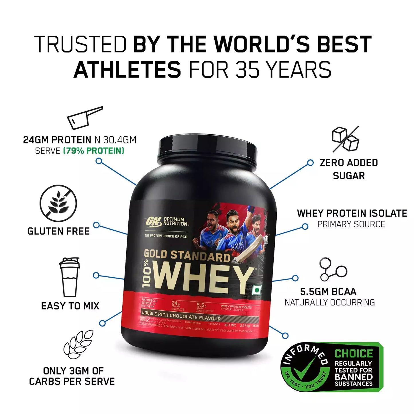 Optimum Nutrition (On) Gold Standard 100% Whey Protein Double Rich Chocolate Flavour 2.27kg Powder
