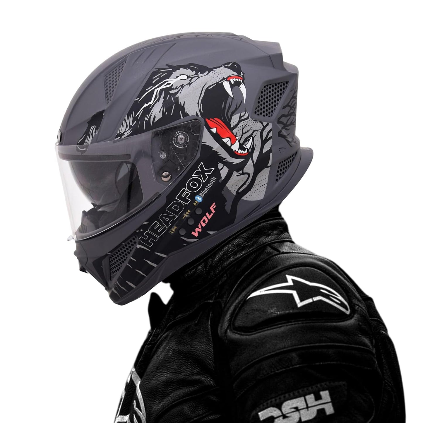 Helmetkart Wolf Full Face Bluetooth Helmet for Bike Waterproof Smart Helmet for Man & Women | ISI Certified | Built-in Bluetooth | Matte Grey Large (60 CM)