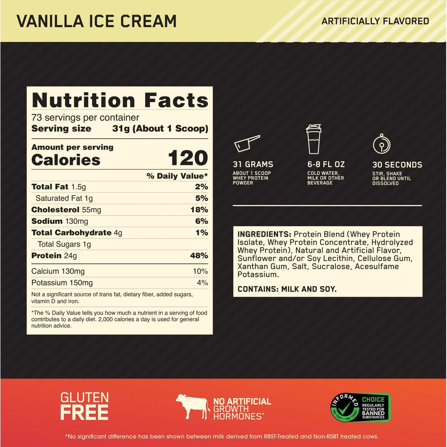 Optimum Nutrition, Gold Standard 100% Whey Protein Powder, Vanilla Ice Cream, 5 lb, 73 Servings