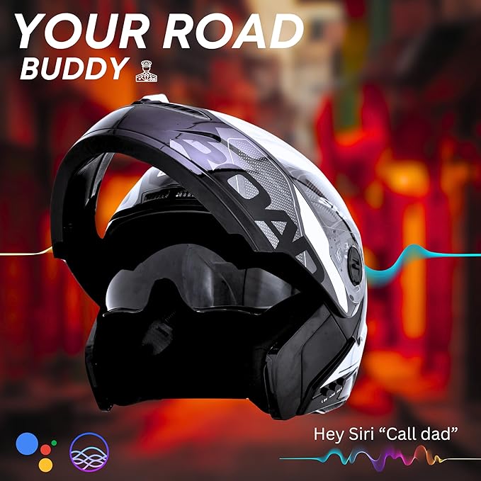 Helmetkart N2 Road Motorcycle Bluetooth Flip-up ISI Certified Helmet for Men, Connects Two Mobiles at Same Time with Music, Navigation & Waterproof, Compatible with iOS and Android