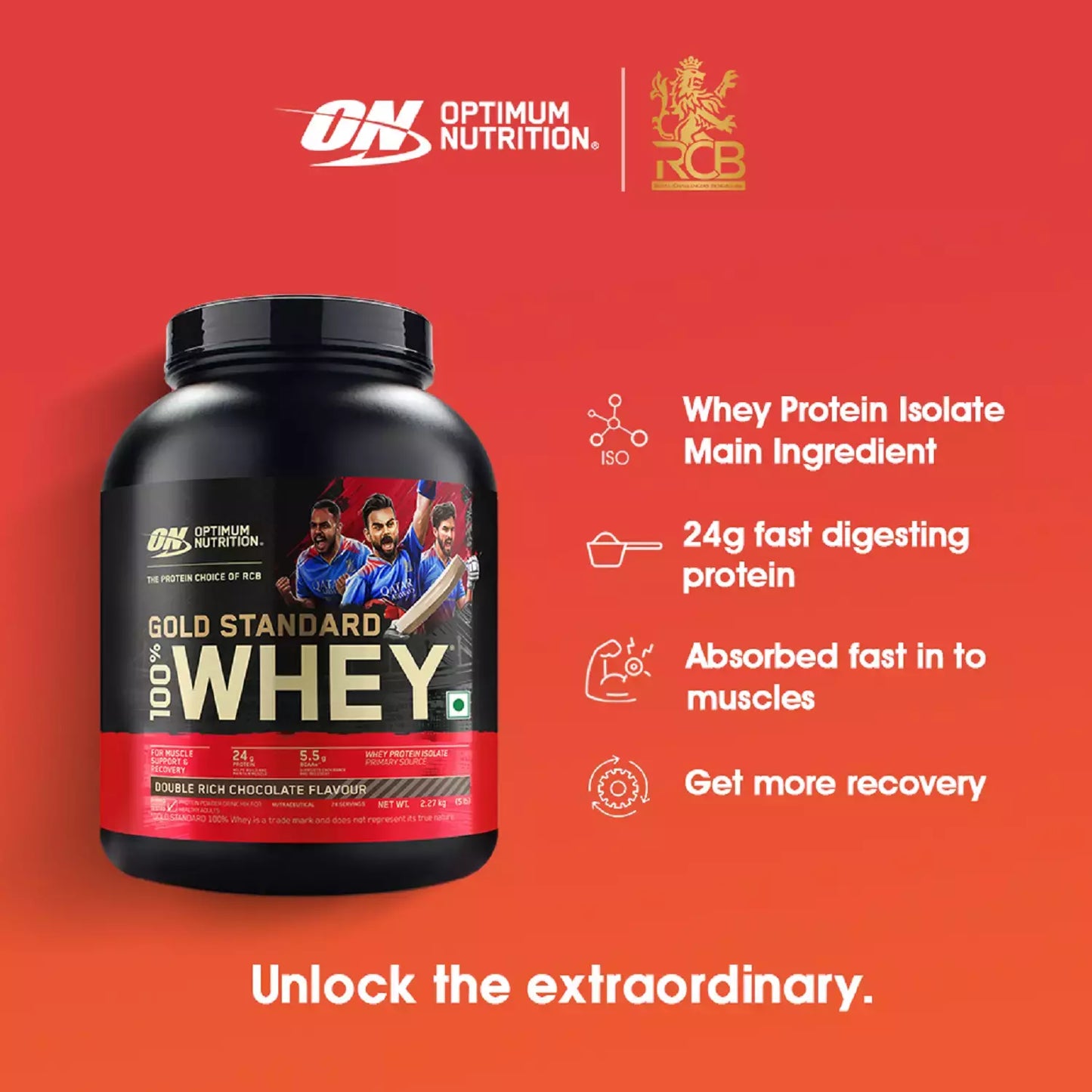 Optimum Nutrition (On) Gold Standard 100% Whey Protein Double Rich Chocolate Flavour 2.27kg Powder