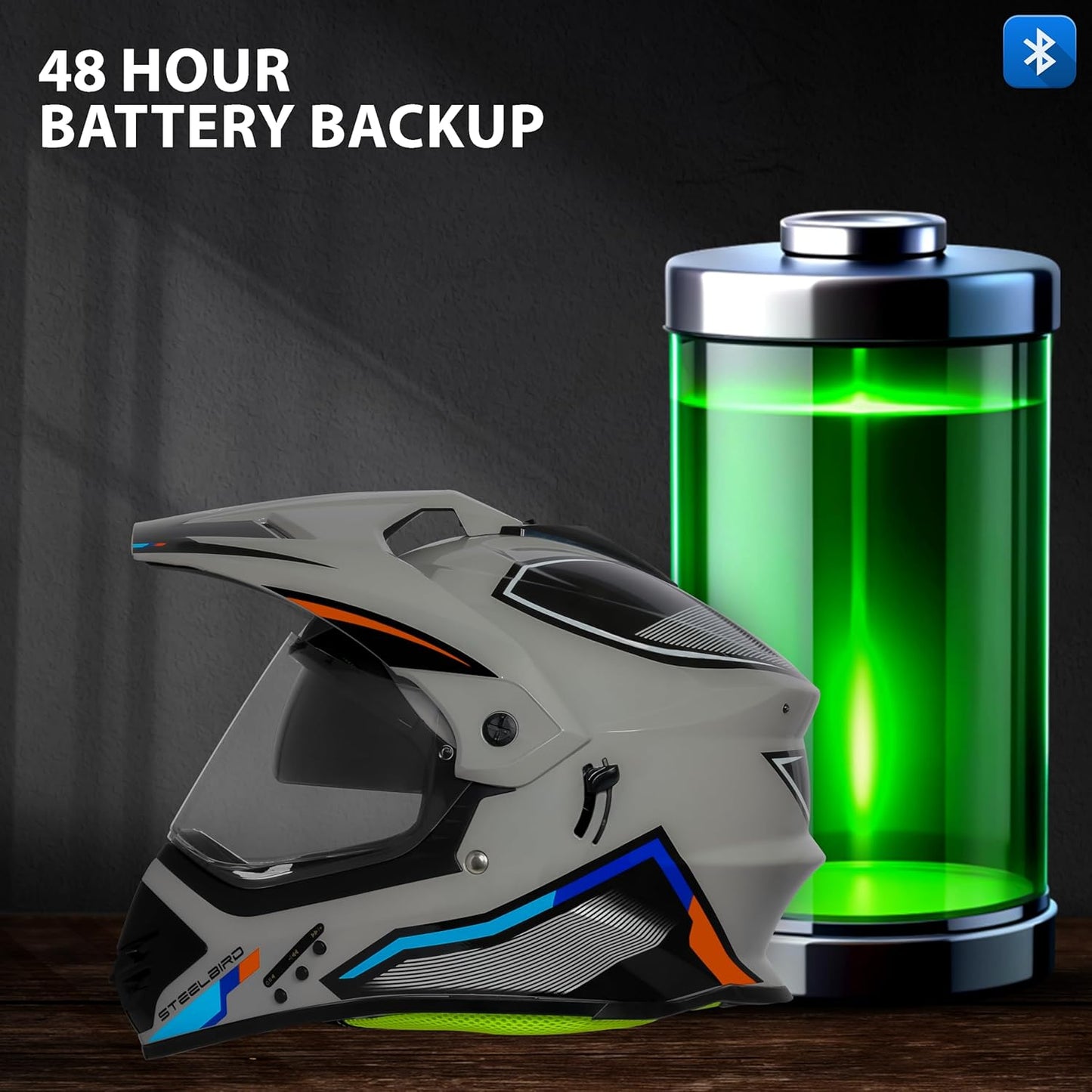 Helmetkart Racer Bluetooth Off Road ISI Certified Motocross Double Visor Full Face Helmet Outer Clear Visor and Inner Smoke Sun Shield
