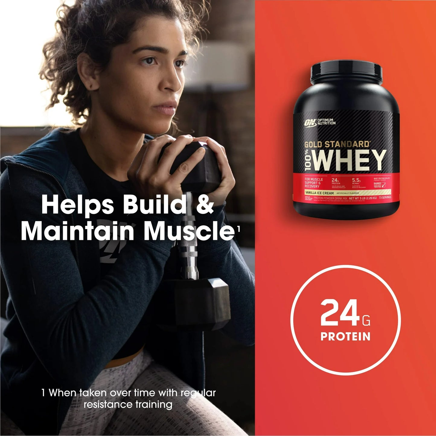 Optimum Nutrition, Gold Standard 100% Whey Protein Powder, Vanilla Ice Cream, 5 lb, 73 Servings