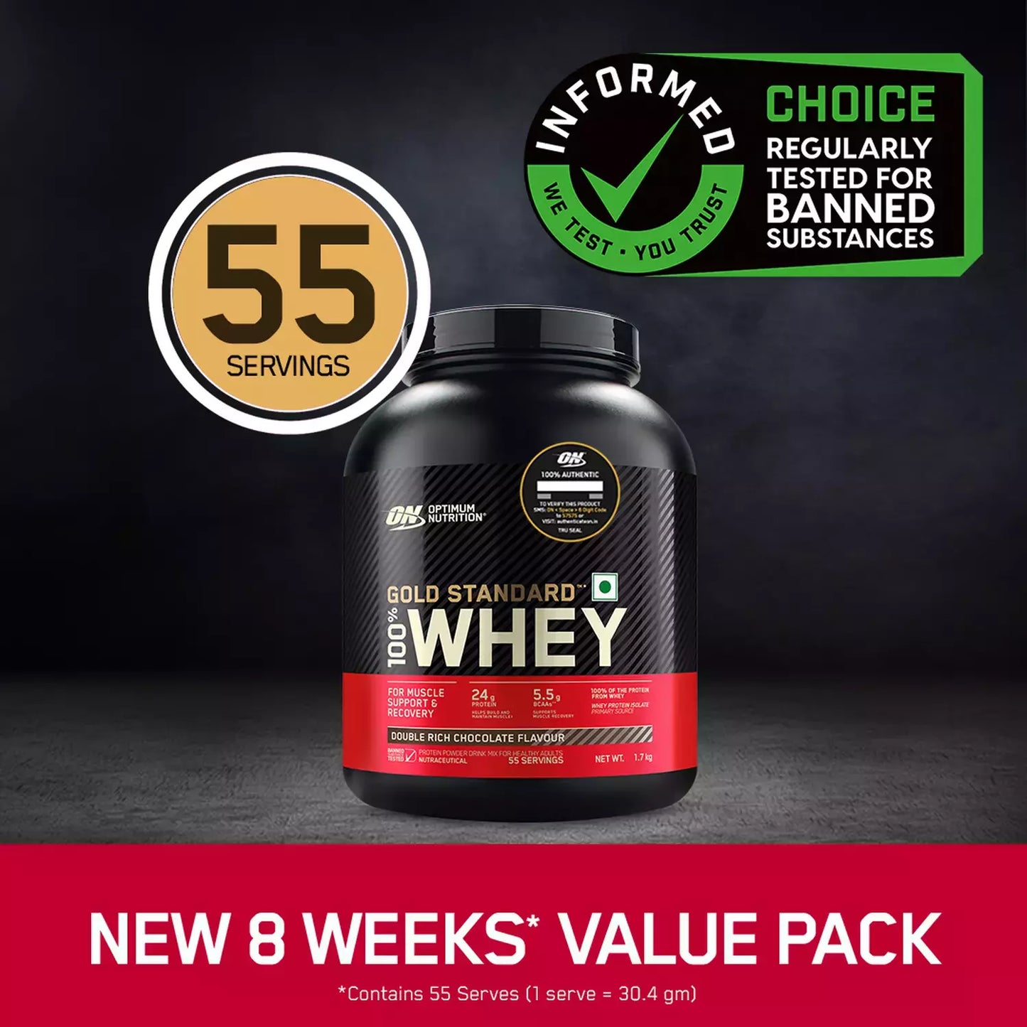 Optimum Nutrition (On) Gold Standard 100% Whey Protein Double Rich Chocolate Flavour 1.7 Kg Powder