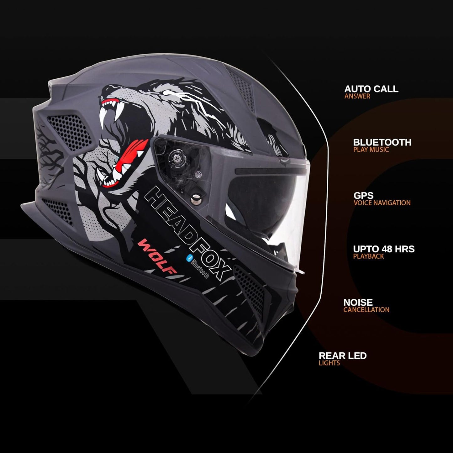 Helmetkart Wolf Full Face Bluetooth Helmet for Bike Waterproof Smart Helmet for Man & Women | ISI Certified | Built-in Bluetooth | Matte Grey Large (60 CM)
