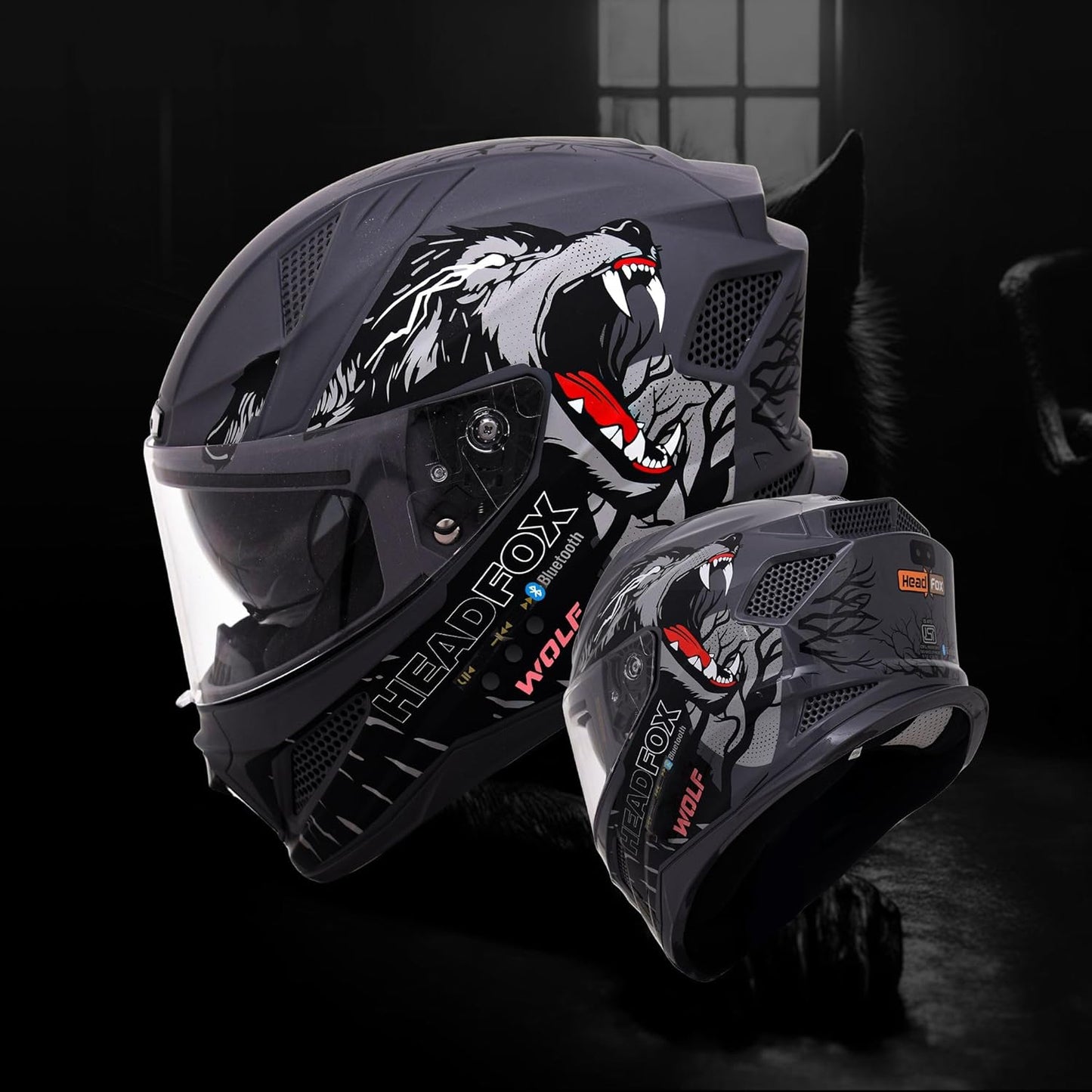 Helmetkart Wolf Full Face Bluetooth Helmet for Bike Waterproof Smart Helmet for Man & Women | ISI Certified | Built-in Bluetooth | Matte Grey Large (60 CM)