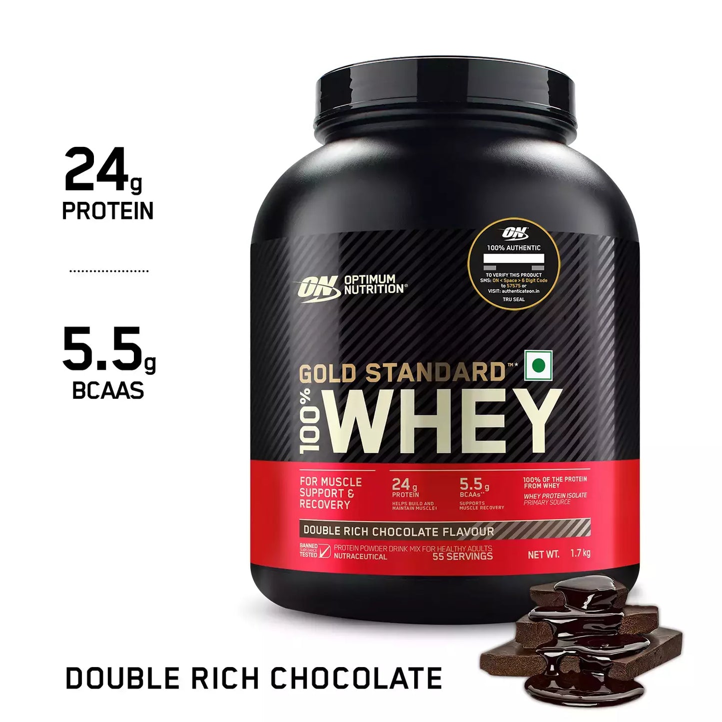 Optimum Nutrition (On) Gold Standard 100% Whey Protein Double Rich Chocolate Flavour 1.7 Kg Powder