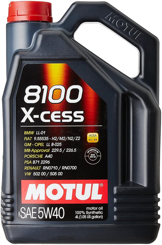 Motul 8100 X-Cess 5W-40 API SN/CF Fully Synthetic Gasoline and Diesel Engine Oil for Car (4 L | 104256)