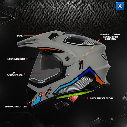 Helmetkart Racer Bluetooth Off Road ISI Certified Motocross Double Visor Full Face Helmet Outer Clear Visor and Inner Smoke Sun Shield