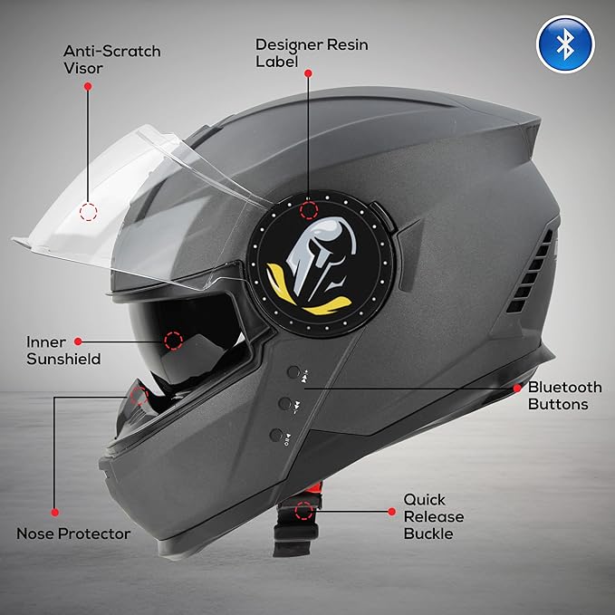 Helmetkart Bluetooth Full Face ISI Certified Helmet for Men with Inner Smoke Sun Shield | SBH-40 7Wings