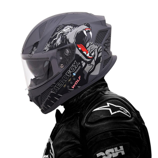 Helmetkart Wolf Full Face Bluetooth Helmet for Bike Waterproof Smart Helmet for Man & Women | ISI Certified | Built-in Bluetooth | Matte Grey Large (60 CM)
