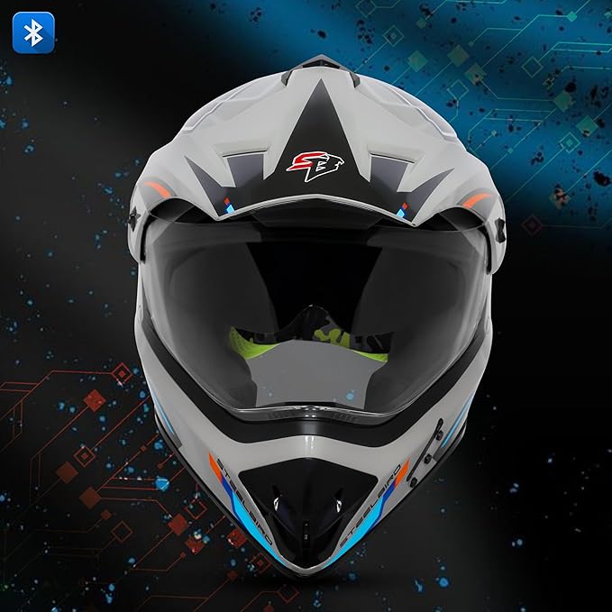 Helmetkart Racer Bluetooth Off Road ISI Certified Motocross Double Visor Full Face Helmet Outer Clear Visor and Inner Smoke Sun Shield