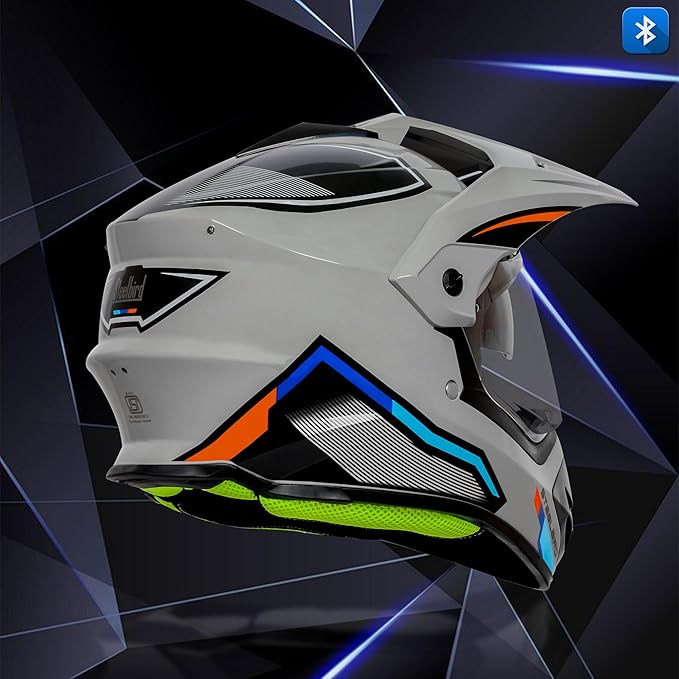 Helmetkart Racer Bluetooth Off Road ISI Certified Motocross Double Visor Full Face Helmet Outer Clear Visor and Inner Smoke Sun Shield