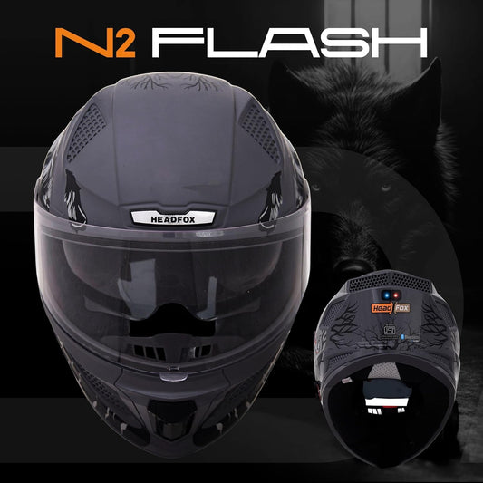 Helmetkart Wolf Full Face Bluetooth Helmet for Bike Waterproof Smart Helmet for Man & Women | ISI Certified | Built-in Bluetooth | Matte Grey Large (60 CM)