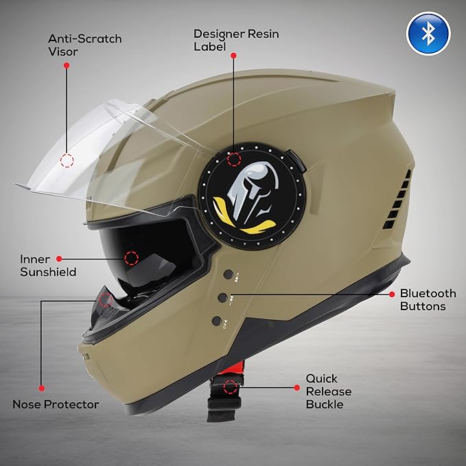 Helmetkart Bluetooth Full Face ISI Certified Helmet for Men with Inner Smoke Sun Shield | SBH-40 7Wings